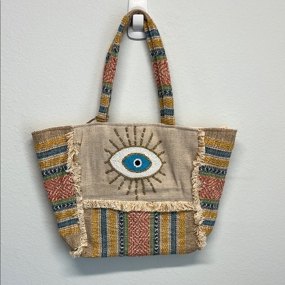Antik Kraft | Multi-Color/Canvas Beaded Evil Eye Boho Tote Bag - Picture 1 of 9
